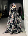 Black Marble Floral Print Gown with Lace Detailing & Dupatta