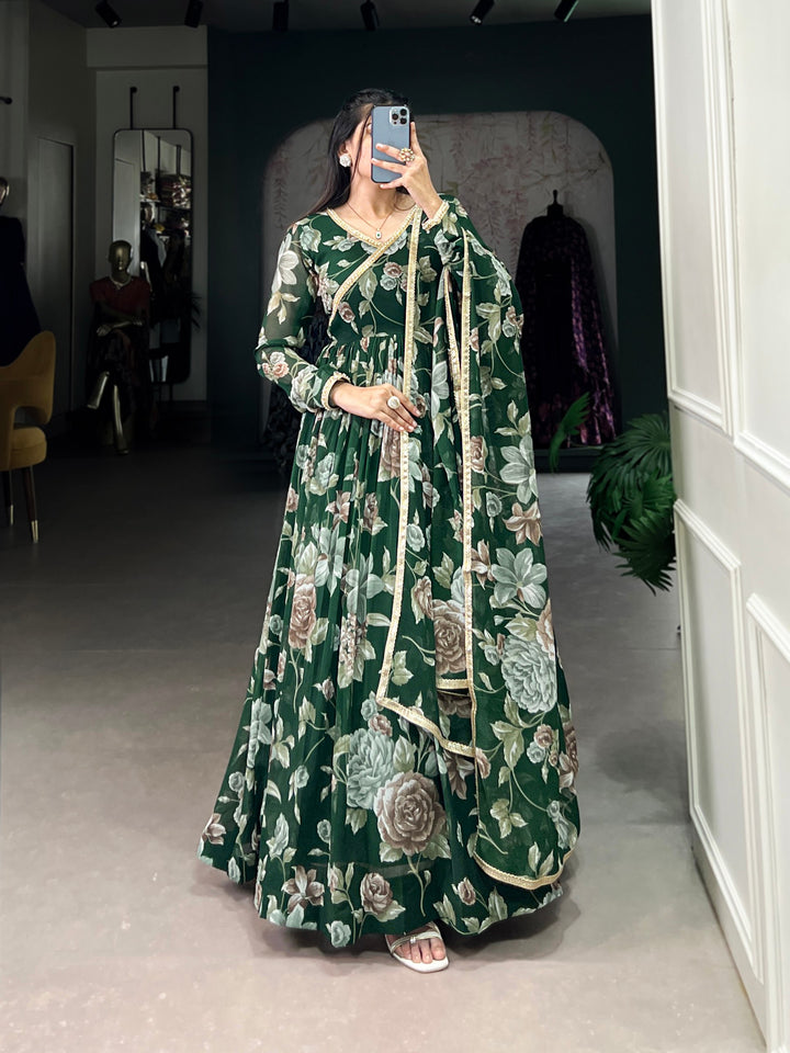 Emerald Green Floral Printed Marble Gown with Lace Detailing & Dupatta