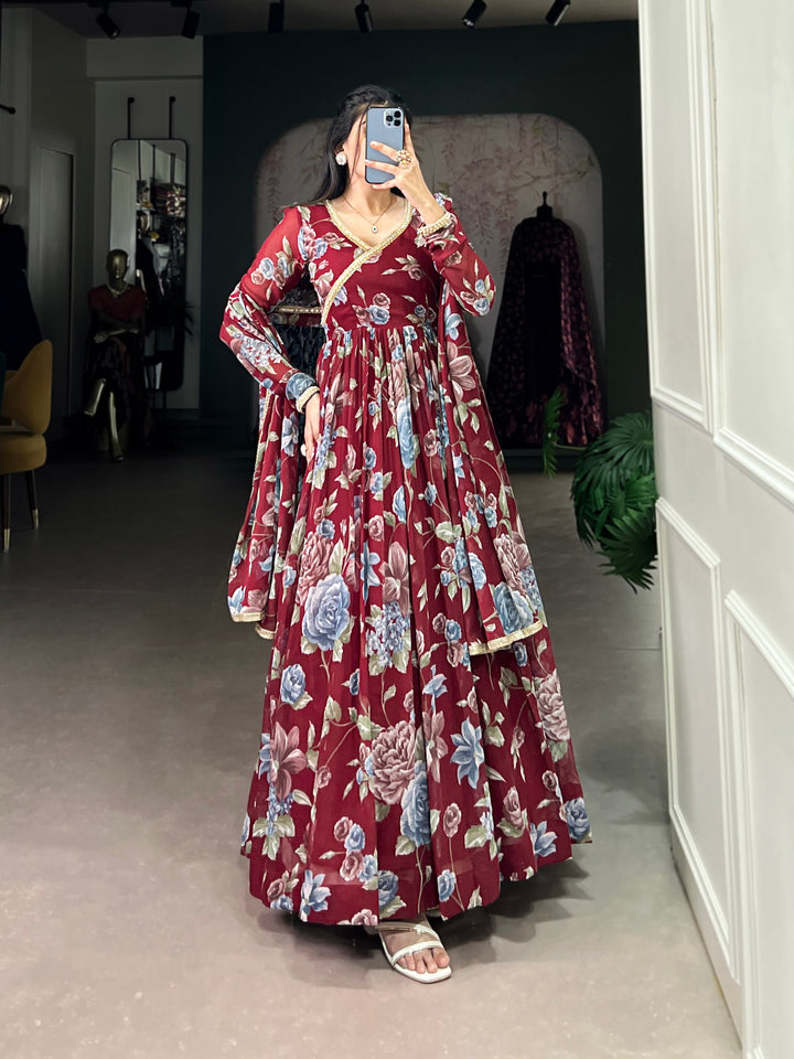 Maroon Floral Printed Marble Gown with Lace Detailing & Dupatta