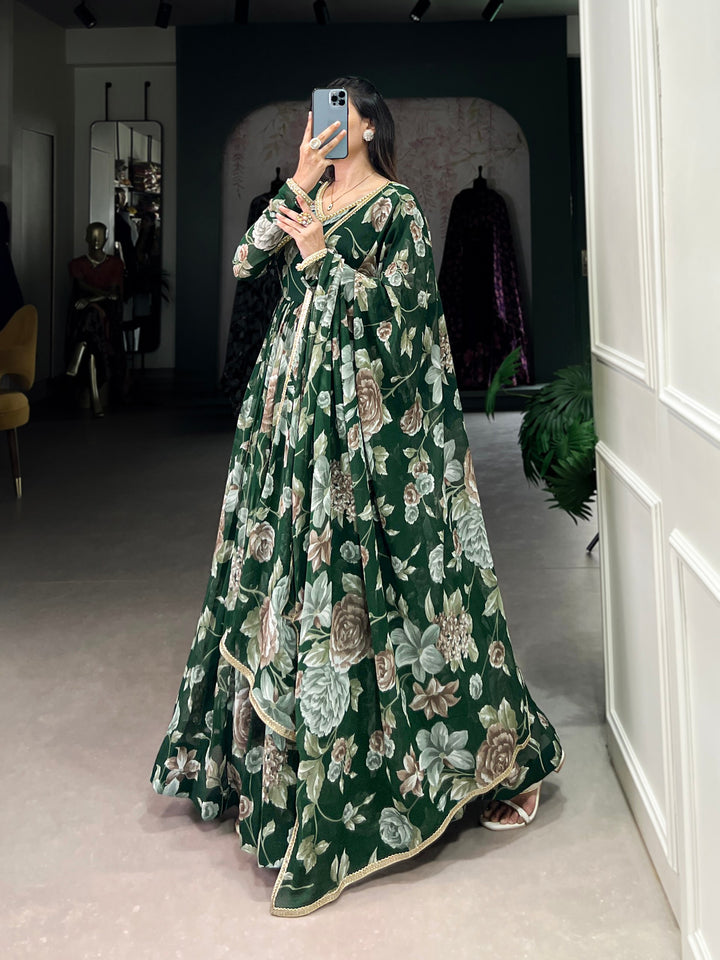 Emerald Green Floral Printed Marble Gown with Lace Detailing & Dupatta