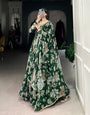 Emerald Green Floral Printed Marble Gown with Lace Detailing & Dupatta