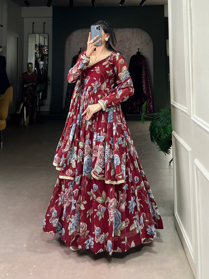 Maroon Floral Printed Marble Gown with Lace Detailing & Dupatta