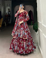 Maroon Floral Printed Marble Gown with Lace Detailing & Dupatta