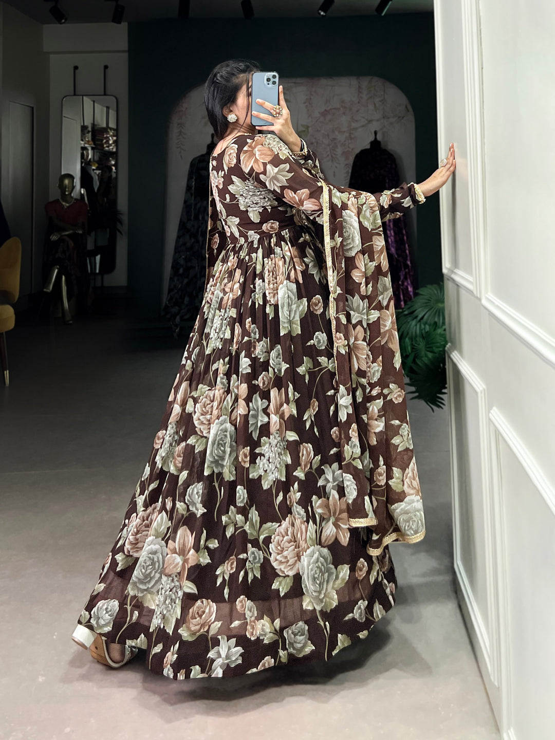 Brown Floral Printed Marble Gown with Lace Detailing & Dupatta