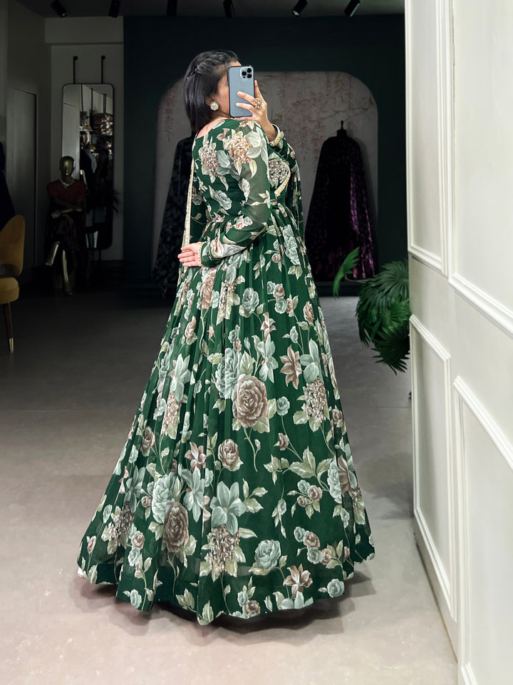 Emerald Green Floral Printed Marble Gown with Lace Detailing & Dupatta