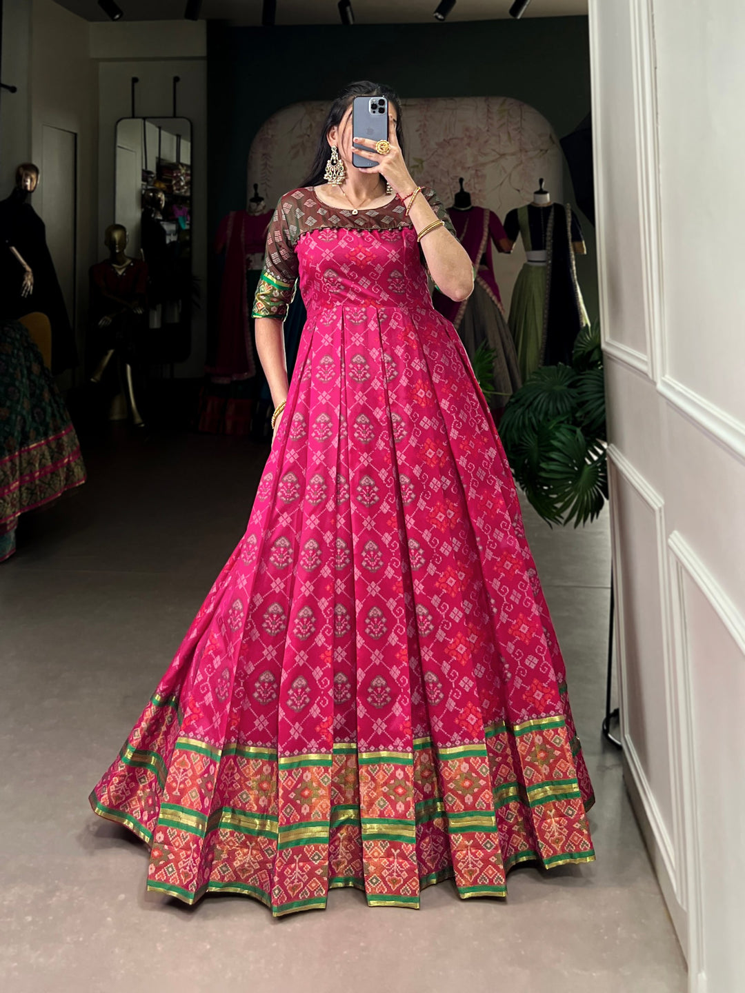 Pink Jacquard Silk Gown with Patola Print & Zari Weaving Work