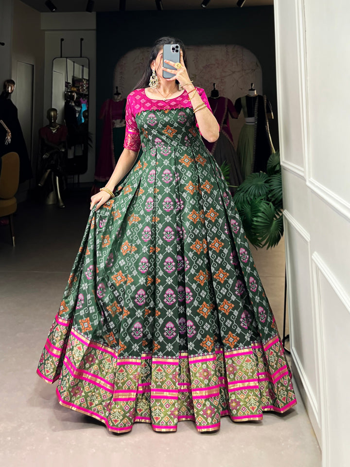 Green Jacquard Silk Gown with Patola Print & Zari Weaving Work