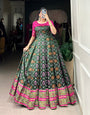 Green Jacquard Silk Gown with Patola Print & Zari Weaving Work