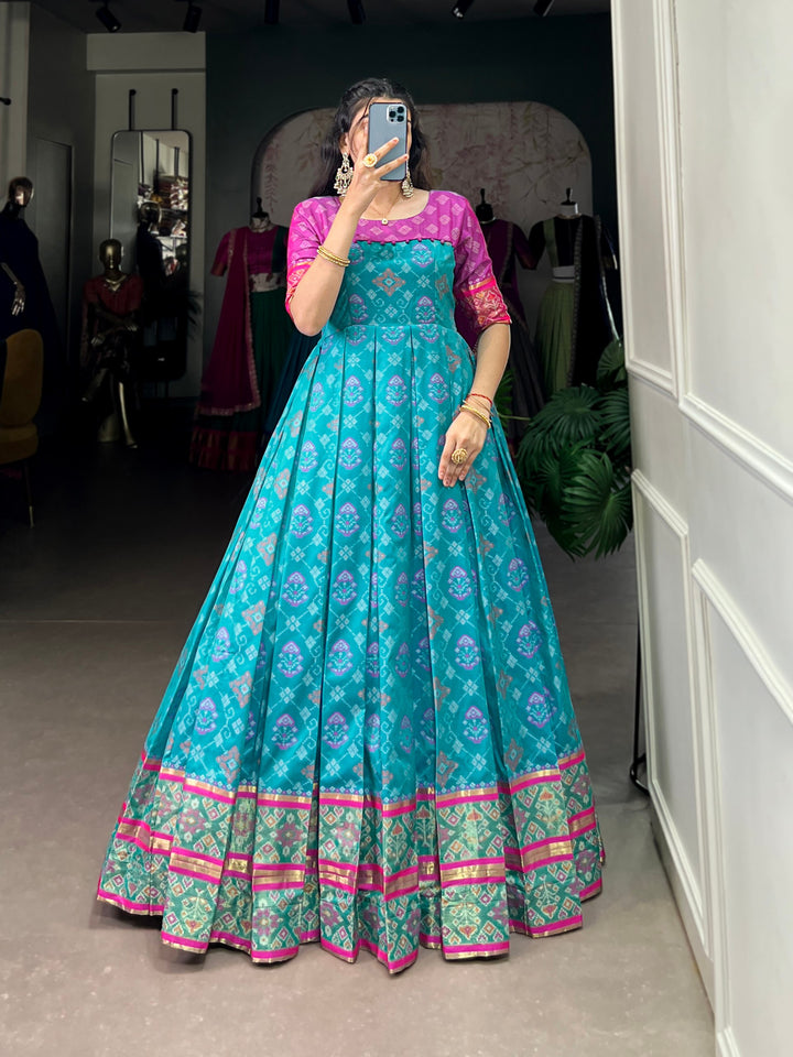 Teal & Pink Jacquard Silk Gown with Patola Print & Zari Weaving Work