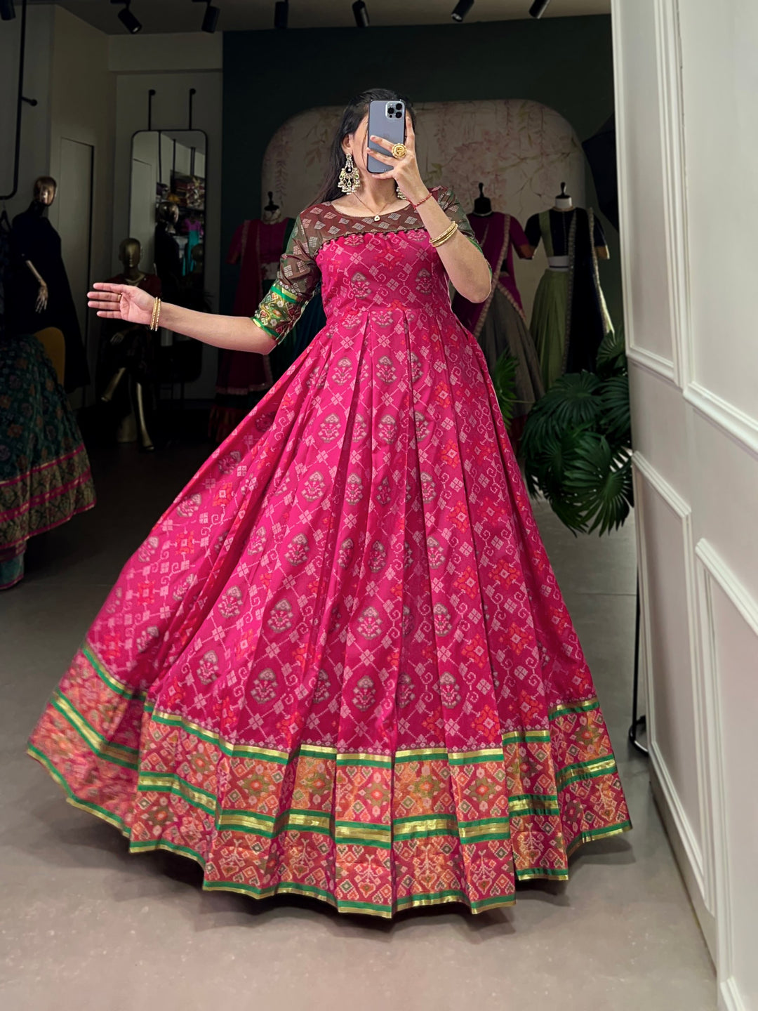 Pink Jacquard Silk Gown with Patola Print & Zari Weaving Work