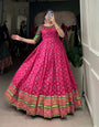 Pink Jacquard Silk Gown with Patola Print & Zari Weaving Work