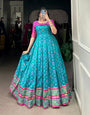 Teal & Pink Jacquard Silk Gown with Patola Print & Zari Weaving Work