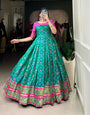 Turquoise Jacquard Silk Gown with Patola Print & Zari Weaving Work