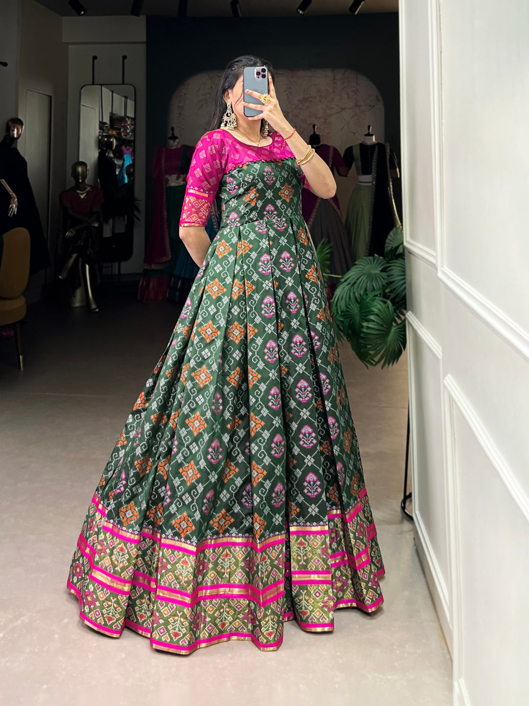 Green Jacquard Silk Gown with Patola Print & Zari Weaving Work