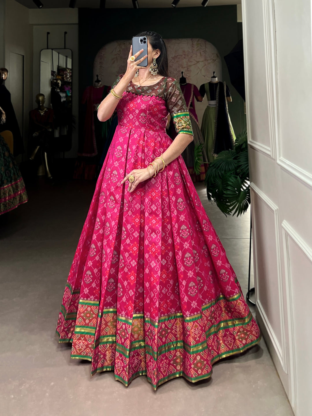 Pink Jacquard Silk Gown with Patola Print & Zari Weaving Work