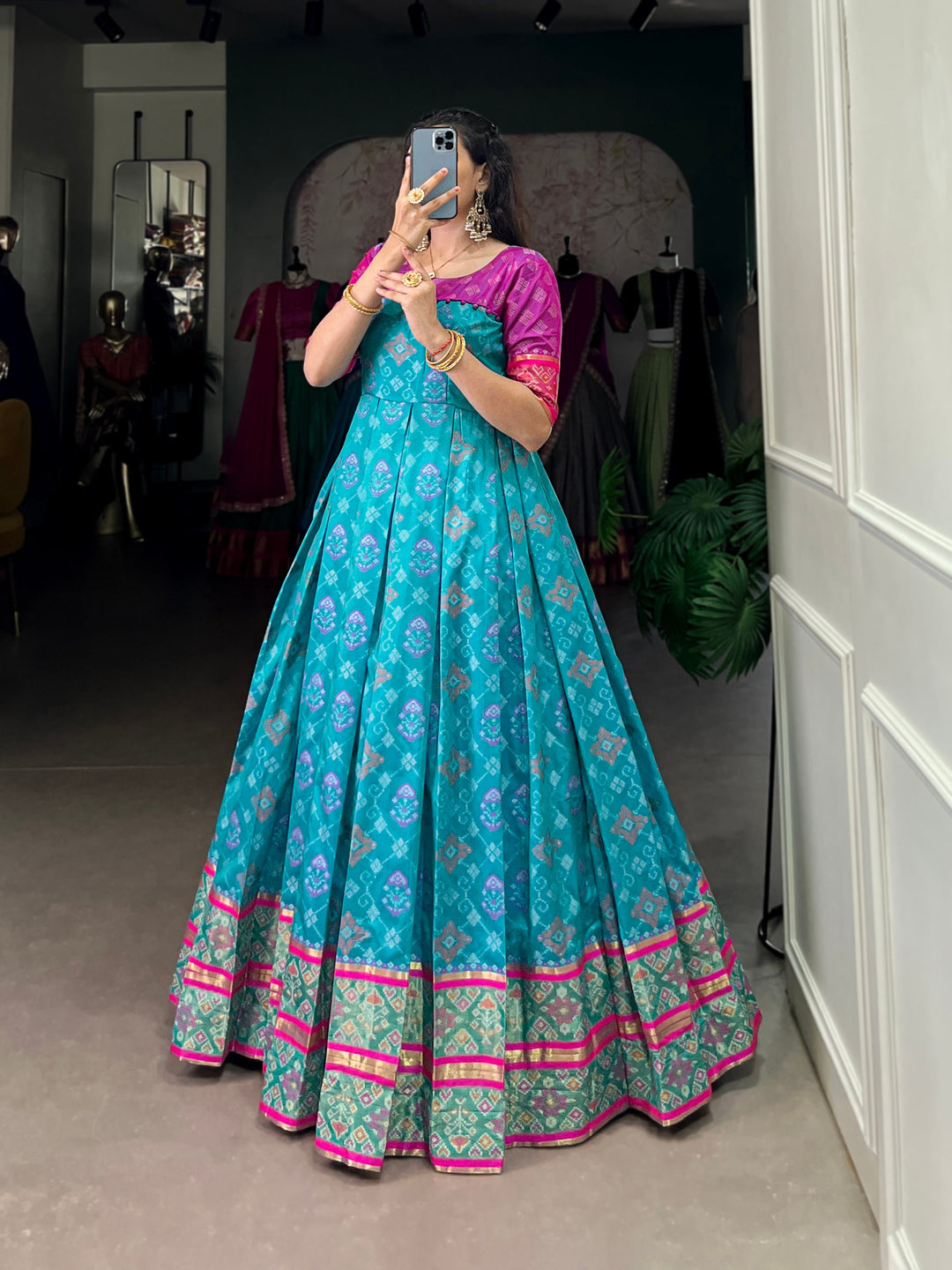 Teal & Pink Jacquard Silk Gown with Patola Print & Zari Weaving Work