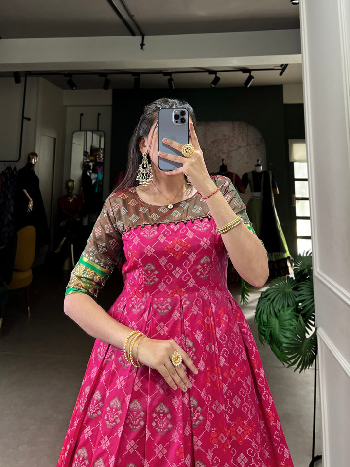 Pink Jacquard Silk Gown with Patola Print & Zari Weaving Work