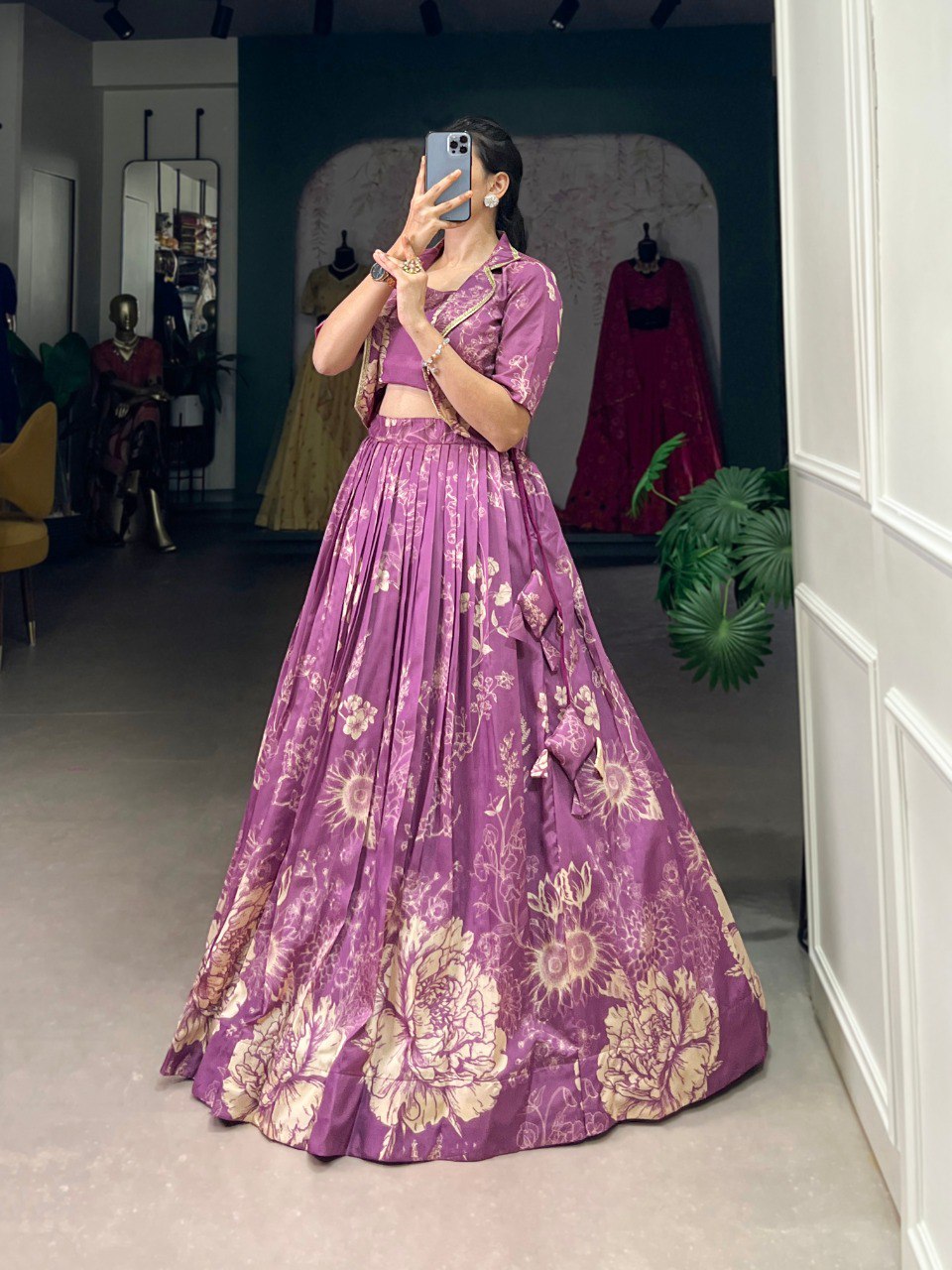 Elegant Purple Tussar Silk Floral Lehenga Set with Koti