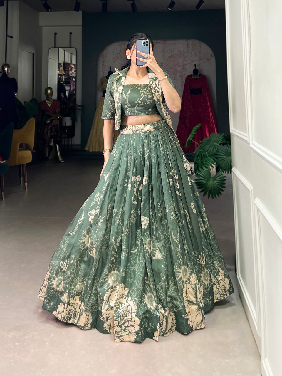 Sage Green Tussar Silk Lehenga Set with Floral Print & Koti