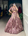 Mauve Tussar Silk Lehenga Set with Floral Print & Koti