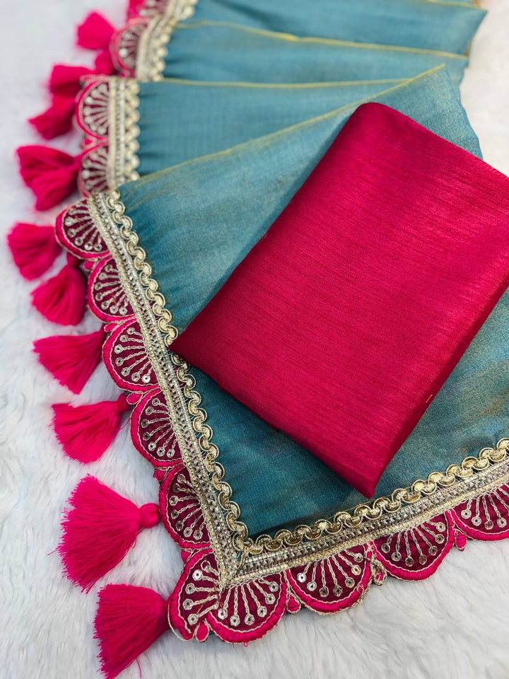 Two-Tone Tissue Soft Saree with Hot Pink Lace and Handmade Tassels