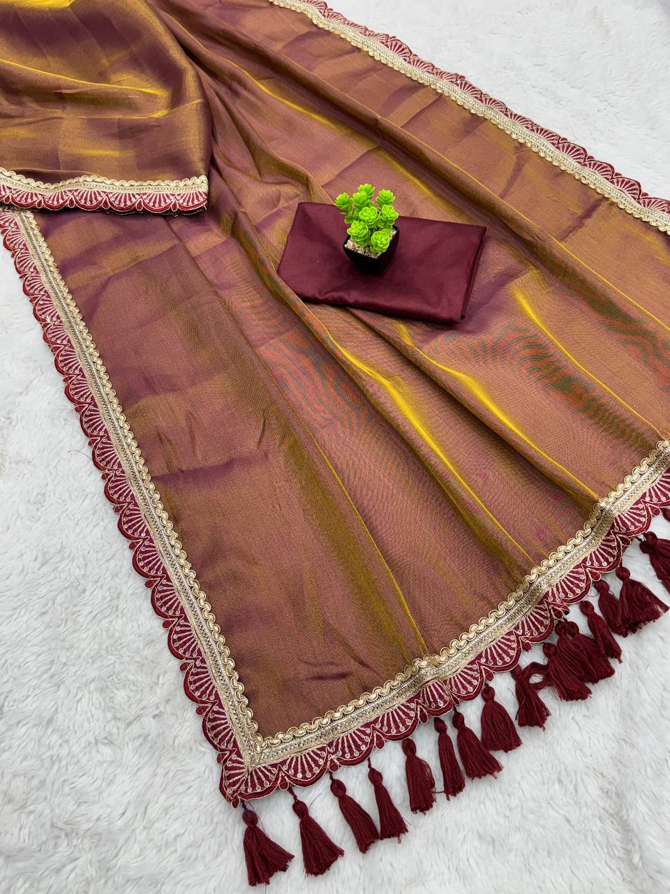 Two-Tone Maroon Tissue Saree with Rich Lace and Handmade Tassels