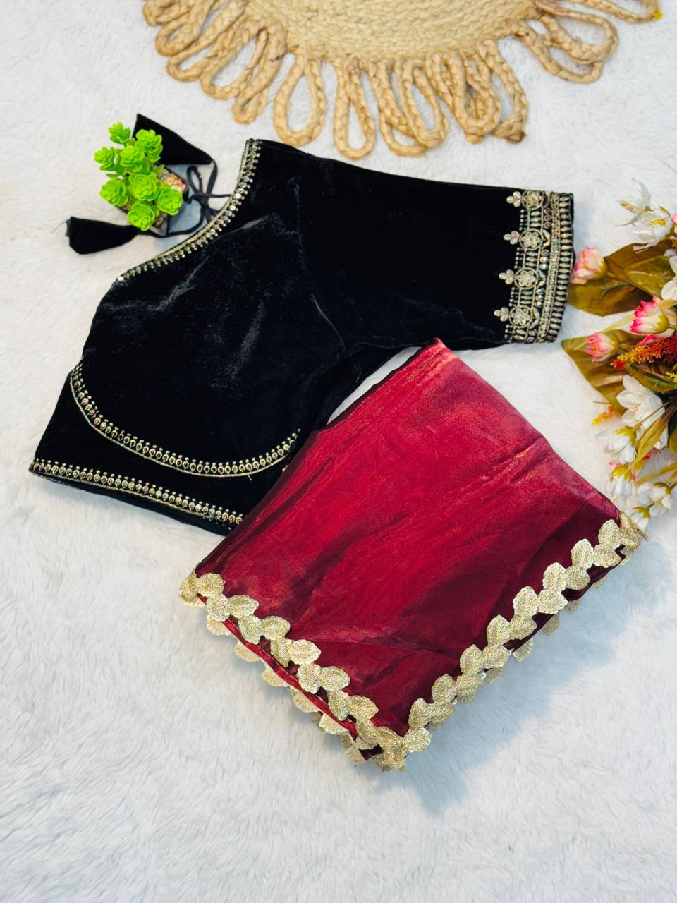 Two-Tone Maroon Soft Tissue Saree with Velvet Black Embroidered Blouse