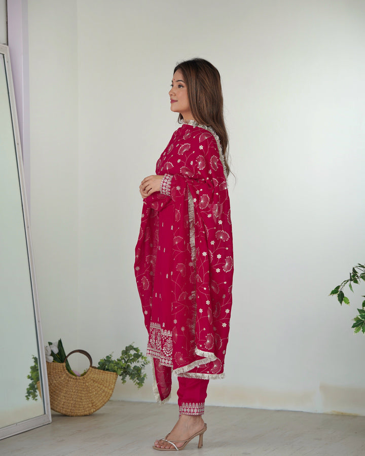 Exquisite Magenta Vichitra Silk Kurta Set with Embroidered Dupatta