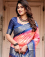 Pink and Blue Digital Printed Saree with Peacock Motif and Tassel Detail