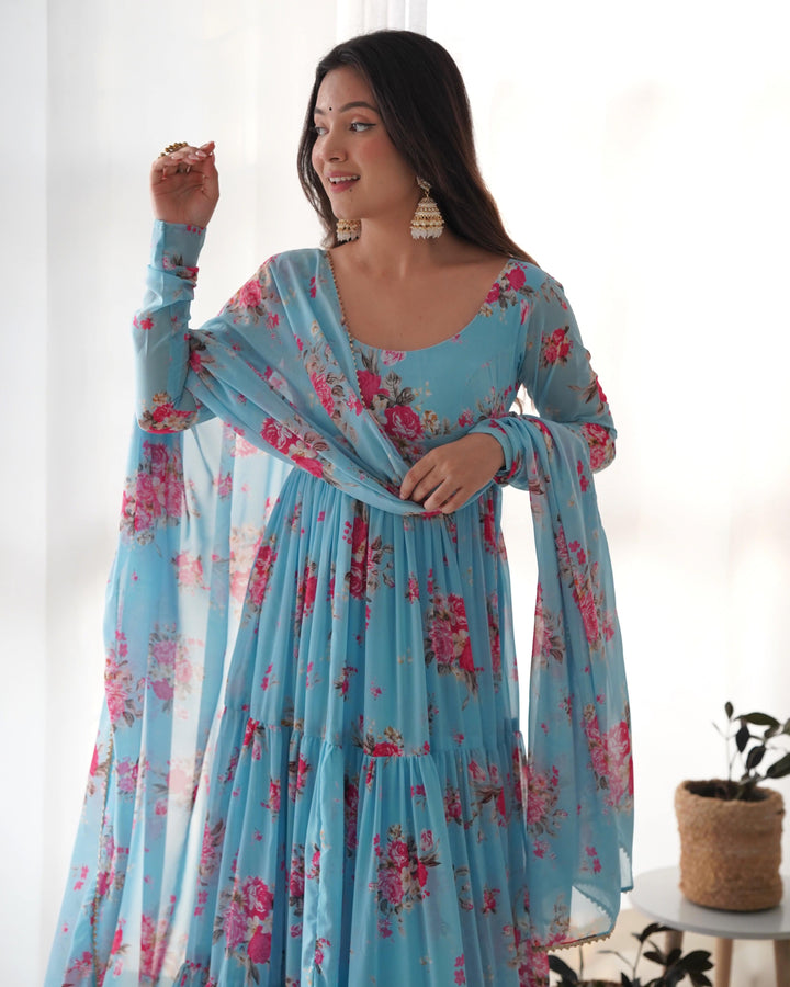 Colorful Kamalkari Anarkali Set: Pure Soft Fox Georgette Floral Print, Fully Flared with Dupatta and Pants – Perfect for Festivities and Weddings!