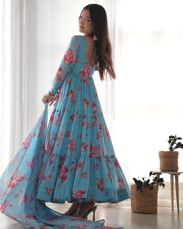 Colorful Kamalkari Anarkali Set: Pure Soft Fox Georgette Floral Print, Fully Flared with Dupatta and Pants – Perfect for Festivities and Weddings!