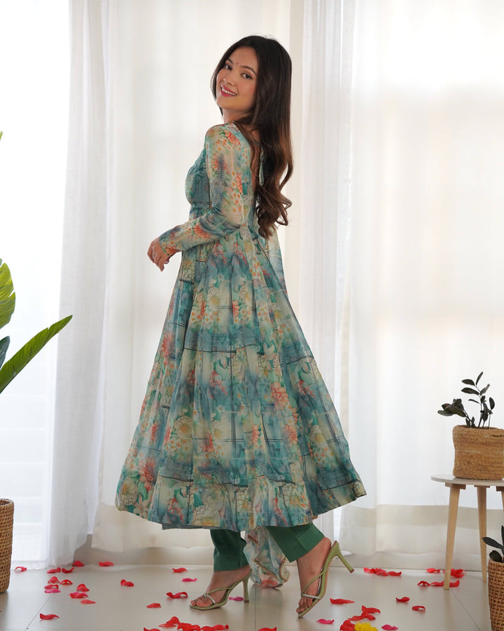 Vibrant Lightweight Anarkali Dress: Pure Soft Organza Silk, Fully Flared Kali Pattern with Dupatta and Pants – Perfect for Summer Festivities!