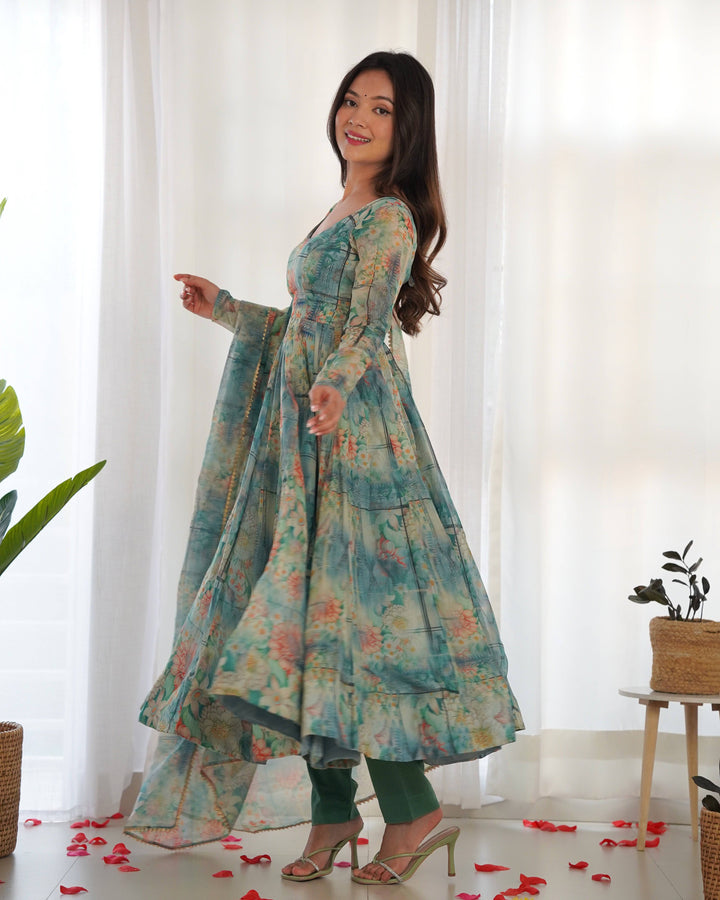 Vibrant Lightweight Anarkali Dress: Pure Soft Organza Silk, Fully Flared Kali Pattern with Dupatta and Pants – Perfect for Summer Festivities!