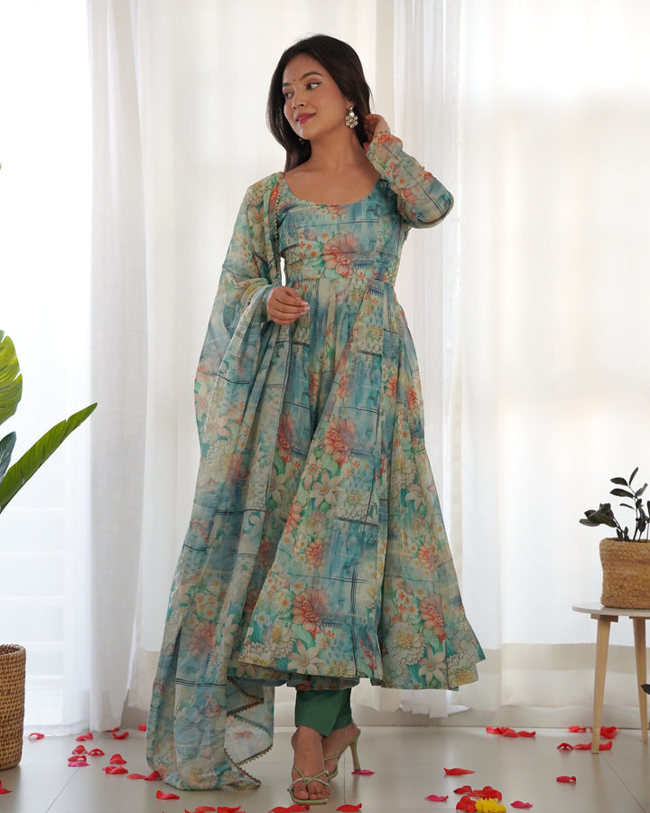 Vibrant Lightweight Anarkali Dress: Pure Soft Organza Silk, Fully Flared Kali Pattern with Dupatta and Pants – Perfect for Summer Festivities!