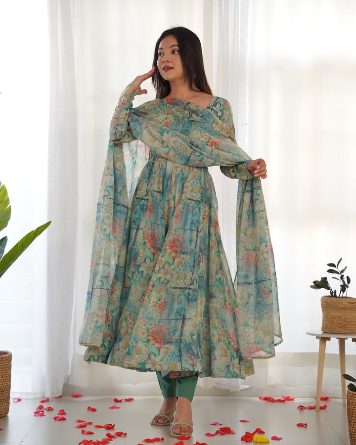 Vibrant Lightweight Anarkali Dress: Pure Soft Organza Silk, Fully Flared Kali Pattern with Dupatta and Pants – Perfect for Summer Festivities!