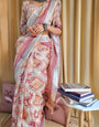 Ivory Linen Saree with Geometric Tribal Prints & Tassel Accents