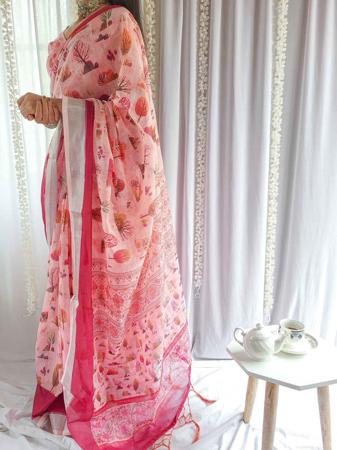 Blush Pink Handwoven Linen Saree with Vibrant Autumn Motifs & Tassel Detailing