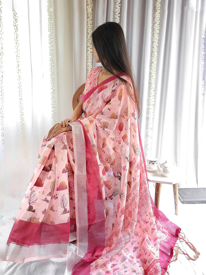 Blush Pink Handwoven Linen Saree with Vibrant Autumn Motifs & Tassel Detailing