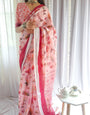 Blush Pink Handwoven Linen Saree with Vibrant Autumn Motifs & Tassel Detailing