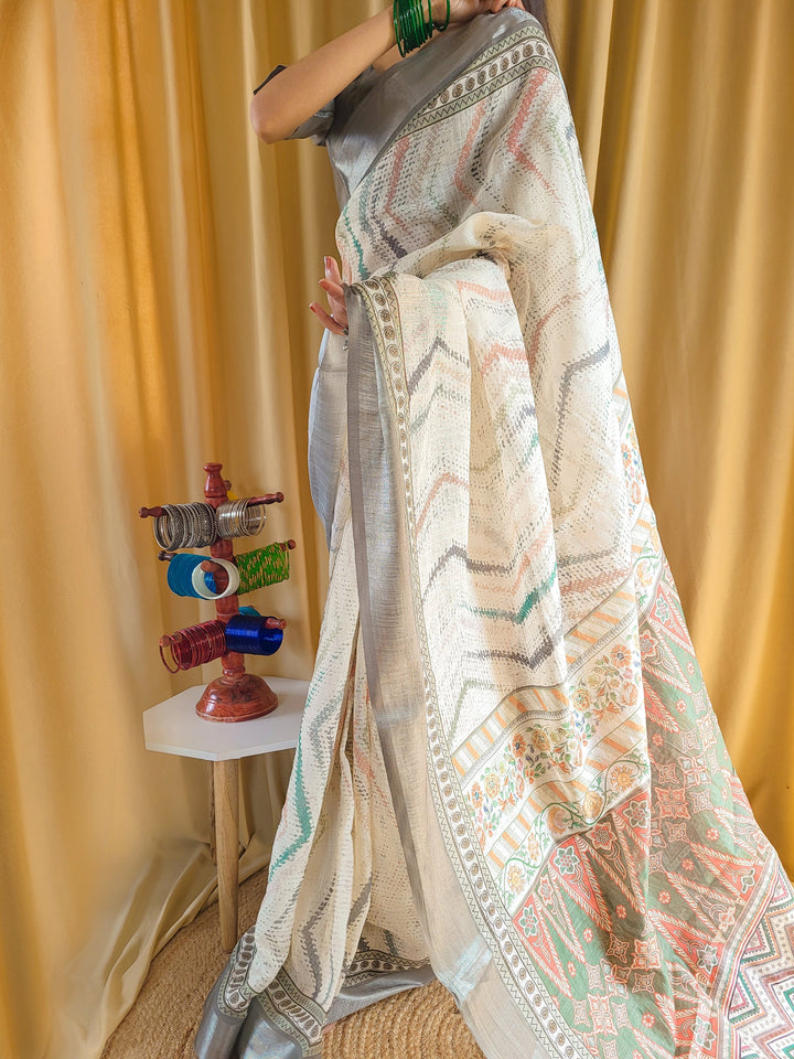 Elegant Beige Pure Linen Saree with Multicolor Zigzag Design and Tassel Finish