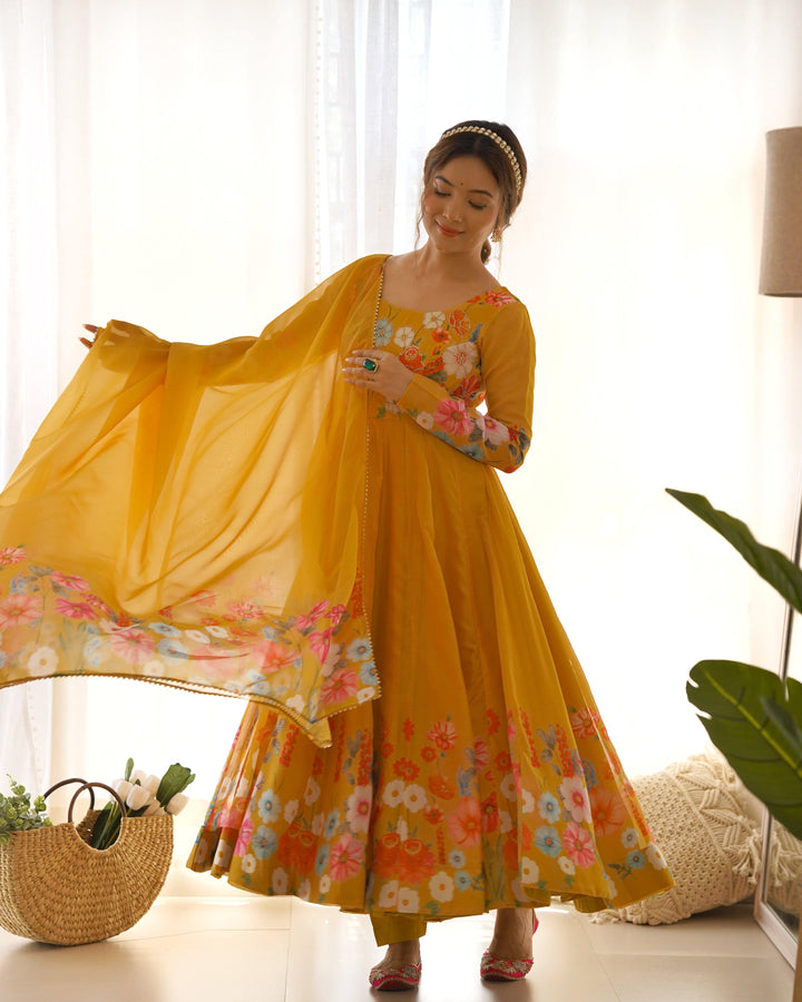 Timeless Floral Printed Organza Anarkali Suit Set – Perfect for the Festive and Wedding Season