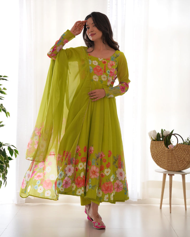 Timeless Floral Printed Organza Anarkali Suit Set – Perfect for the Festive and Wedding Season