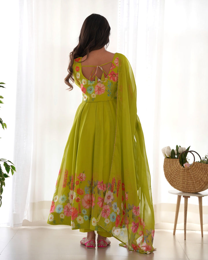 Timeless Floral Printed Organza Anarkali Suit Set – Perfect for the Festive and Wedding Season