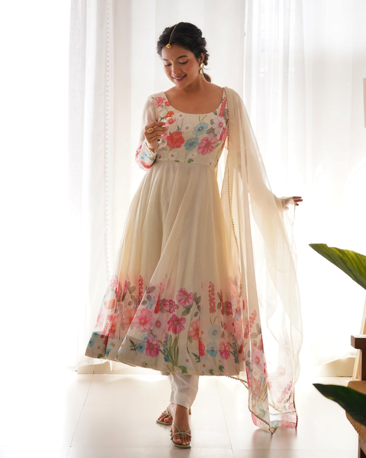 Timeless Floral Printed Organza Anarkali Suit Set – Perfect for the Festive and Wedding Season