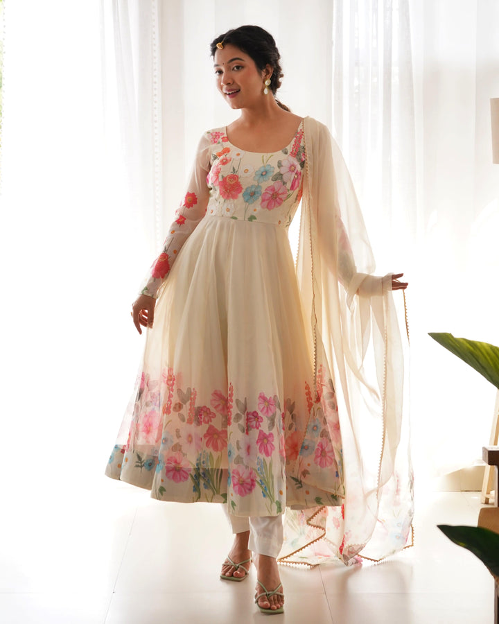 Timeless Floral Printed Organza Anarkali Suit Set – Perfect for the Festive and Wedding Season