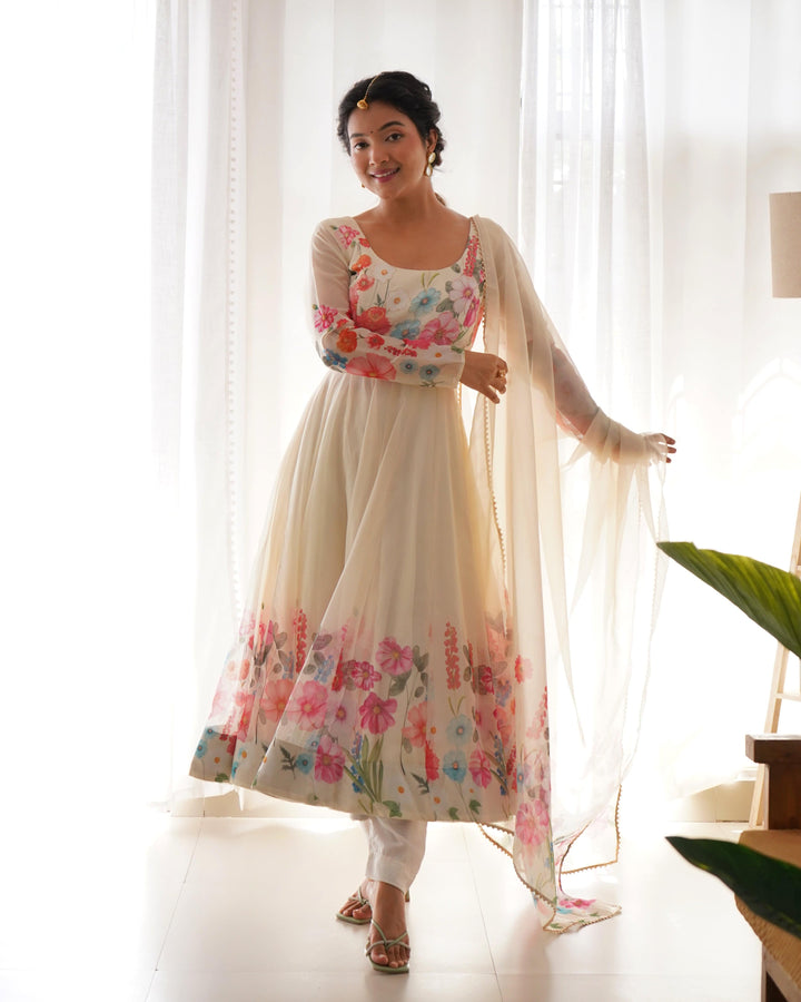 Timeless Floral Printed Organza Anarkali Suit Set – Perfect for the Festive and Wedding Season