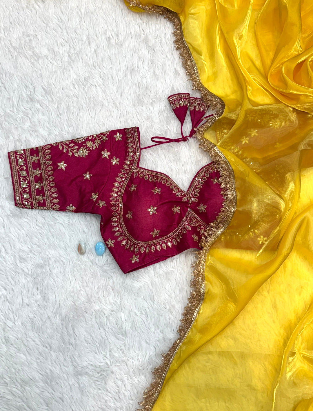 Golden Yellow Tissue Saree with Magenta Embroidered Blouse