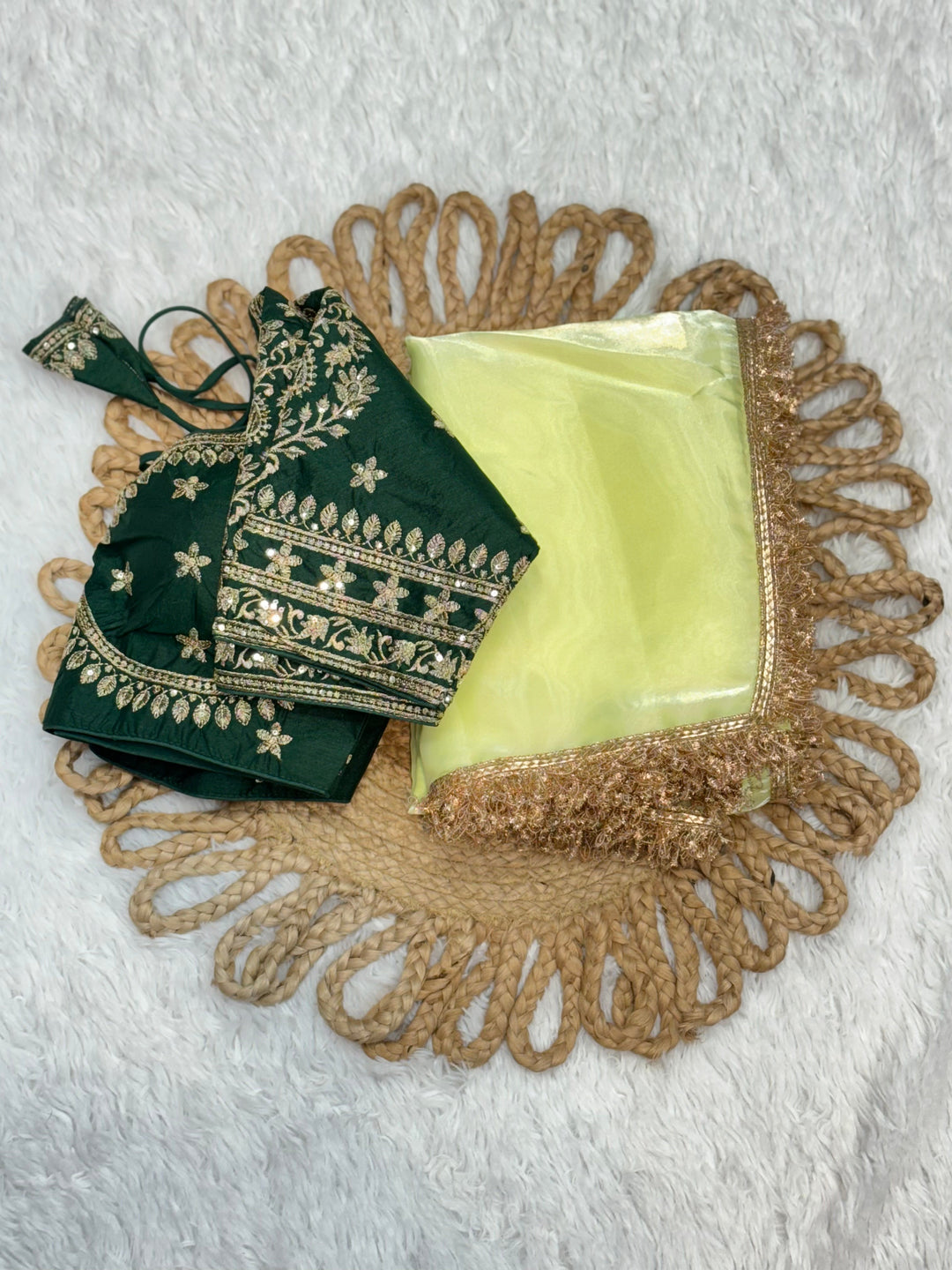 Lime Yellow Tissue Saree with Forest Green Embroidered Blouse