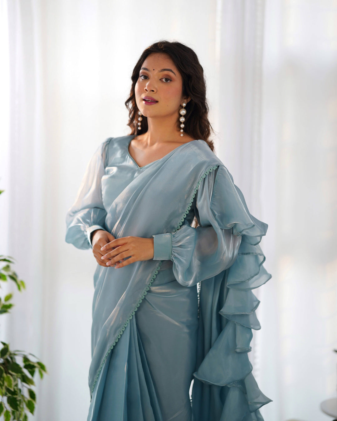 Ready to Wear Pre-draped Saree with Fully Stitched Blouse in Jimmy Choo Fabric