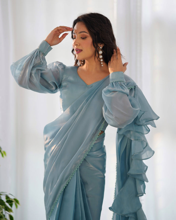 Ready to Wear Pre-draped Saree with Fully Stitched Blouse in Jimmy Choo Fabric